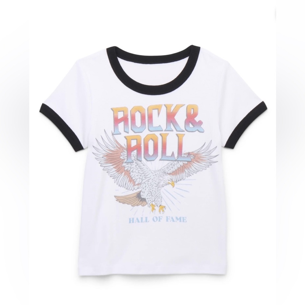 NWOT Rock & Roll Hall of Fame Girls Ringer Graphic Tee White Black L 10/12